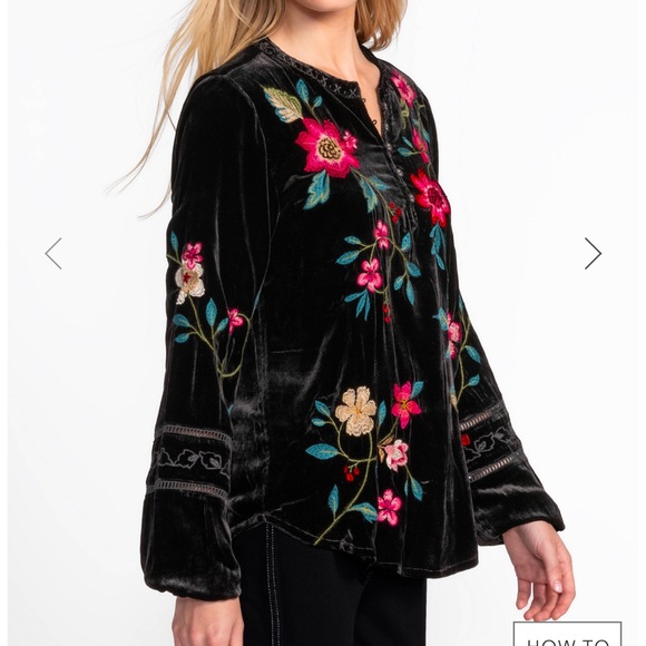 Johnny Was Floral Embroidered Velvet Estate Blouse Black - Picture 6 of 9